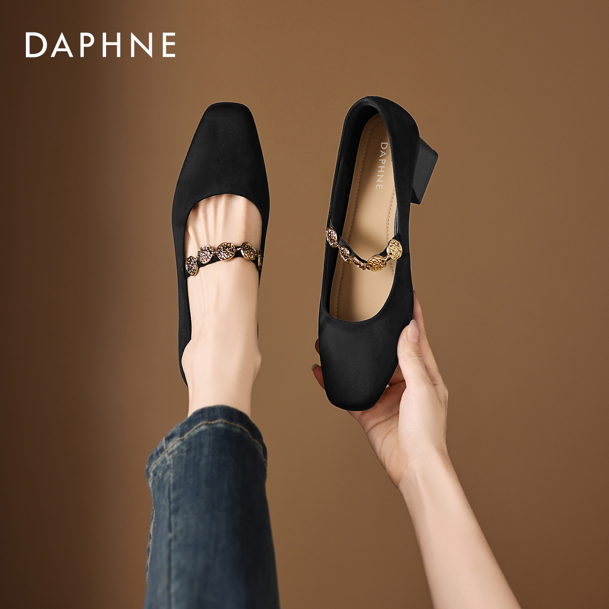 达芙妮浅口单鞋绒面法式玛丽珍鞋