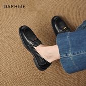 女2026春季 新款 平底单鞋 达芙妮黑色加绒乐福鞋 软皮豆豆小皮鞋 百搭