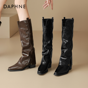 尖头长靴高跟骑士堆堆靴 冬季 达芙妮长筒靴女款 棕色靴子女2025新款