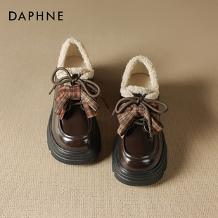达芙妮加绒乐福鞋女2025冬季新款棕色小皮鞋子厚底雪地靴毛毛棉鞋
