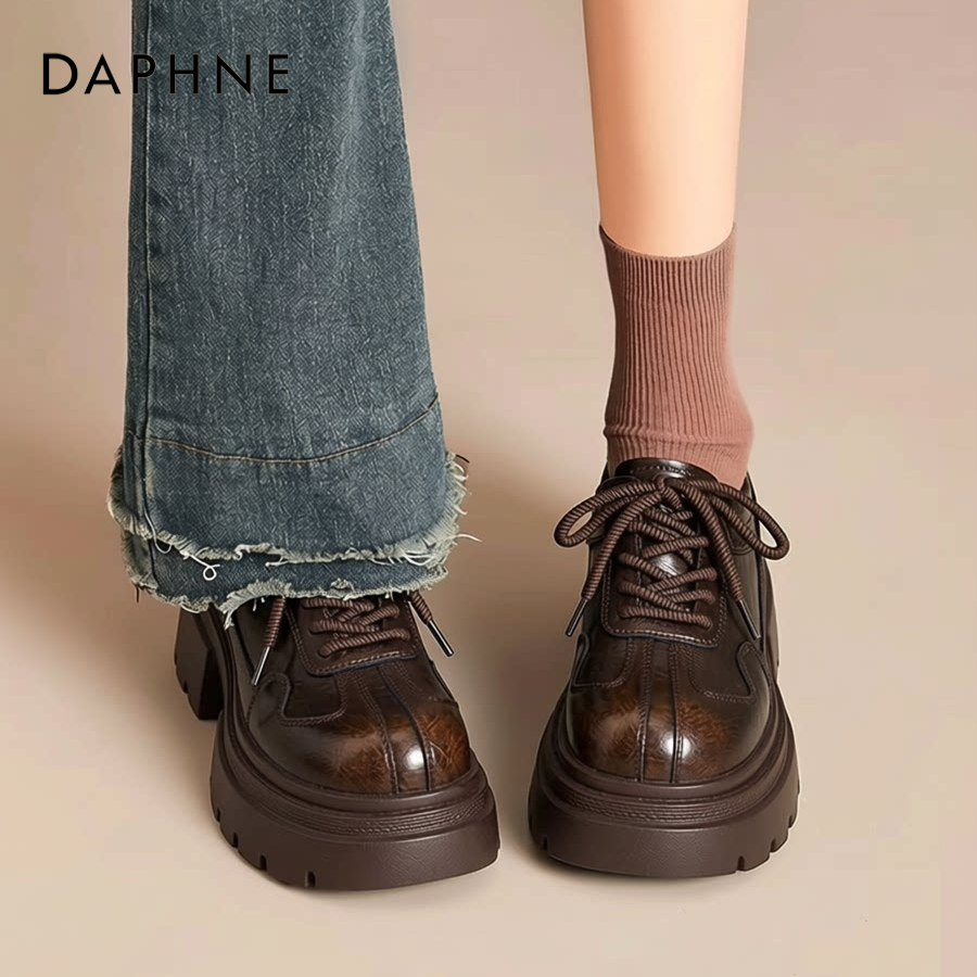 达芙妮复古乐福鞋女2026新款春季厚底英伦风棕色单鞋系带小皮鞋子