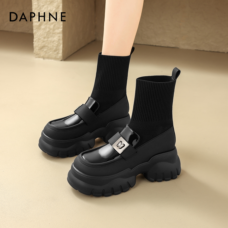 达芙妮乐福鞋弹力袜靴女2024新款春秋单靴松糕厚底配裙子瘦瘦短靴