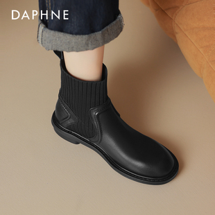 达芙妮加绒短靴女2025新款秋冬英伦风靴子平底加绒弹力袜靴马丁靴