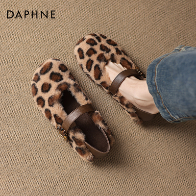 达芙妮加绒豹纹单鞋女玛丽珍毛毛