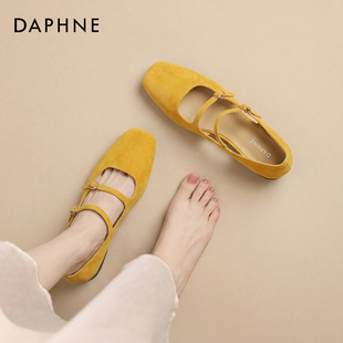 女款 镂空玛丽珍女鞋 绒面凉鞋 夏季 平底凉拖 2026新款 达芙妮黄色单鞋