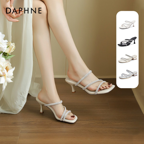 达芙妮细跟水钻方头凉鞋