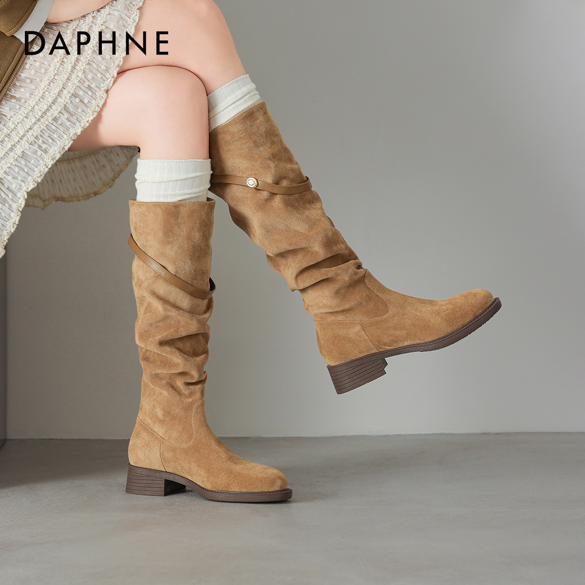 达芙妮长筒堆堆靴女冬美拉德靴子