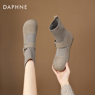 达芙妮勃肯短靴女2026新款冬季加绒袜靴内增高女鞋瘦瘦靴马丁靴子