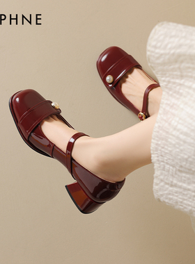 达芙妮红色单鞋女2026新款秋季法式玛丽珍鞋女鞋子中跟小皮鞋婚鞋