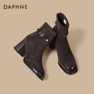 马丁靴加绒高跟复古瘦瘦靴 绒面法式 达芙妮粗跟短靴女2025冬季 新款