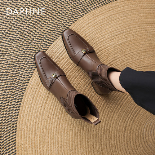 山茶花高跟短靴女棕色弹力瘦瘦靴