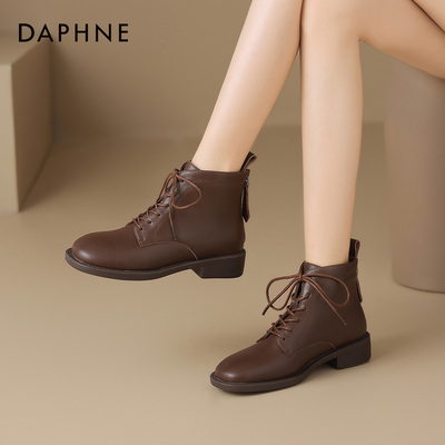 达芙妮马丁靴女平底方头系带短靴