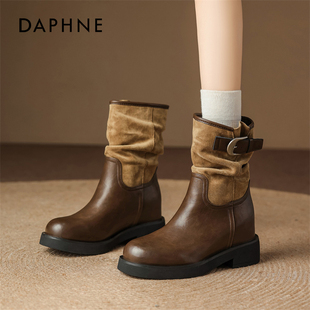 达芙妮美拉德短靴女2025冬季新款内增高堆堆骑士靴复古西部牛仔靴