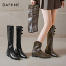 达芙妮棕色长筒靴女2025冬季新款加绒套筒裤管短靴两穿尖头骑士靴