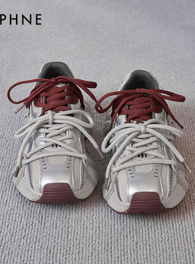 达芙妮银红色厚底老爹鞋女2026春季新款休闲运动复古网面增高鞋子