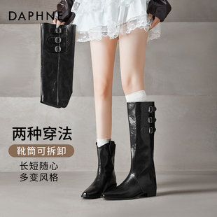 套筒瘦瘦短靴两穿骑士靴 爆款 达芙妮黑色长筒靴子女款 2025秋冬新款
