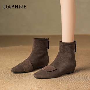 达芙妮加绒短靴女冬季2025新款加厚保暖短筒棕色雪地靴裸靴瘦瘦靴