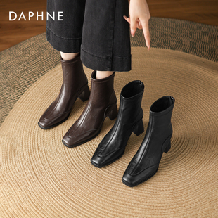 达芙妮高跟短靴女2025秋冬新款法式复古粗跟弹力瘦瘦靴加绒马丁靴