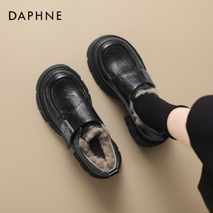 达芙妮厚底乐福鞋女2025新款秋冬英伦风黑色加绒小皮鞋女款单鞋子