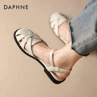 女夏季 夏款 平底包头2026新款 镂空女鞋 外穿法式 达芙妮真皮罗马凉鞋