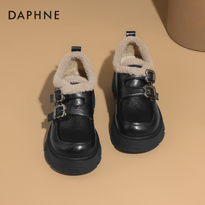 达芙妮加绒厚底乐福鞋增高小皮鞋