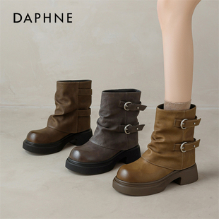 达芙妮加绒短靴女款2025冬季新款美拉德保暖堆堆靴棕色厚底马丁靴