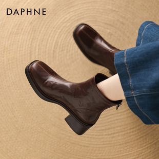 达芙妮棕色马丁靴女款2025新款秋冬高跟皮鞋切尔西短靴粗跟瘦瘦靴