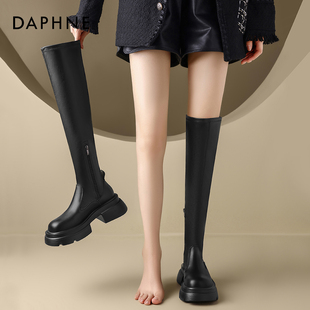 达芙妮过膝靴长筒靴子女靴2026新款夏季黑色厚底骑士靴增高高筒靴