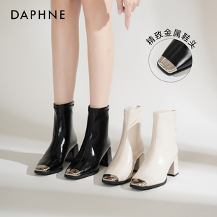 达芙妮高跟短靴女2025新款 黑色金属复古方头瘦瘦靴马丁靴子女 秋季