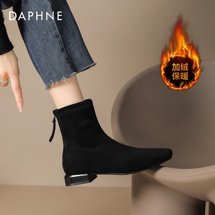 达芙妮加绒短靴女子2025新款秋冬季方头绒面弹力靴马丁靴瘦瘦靴女