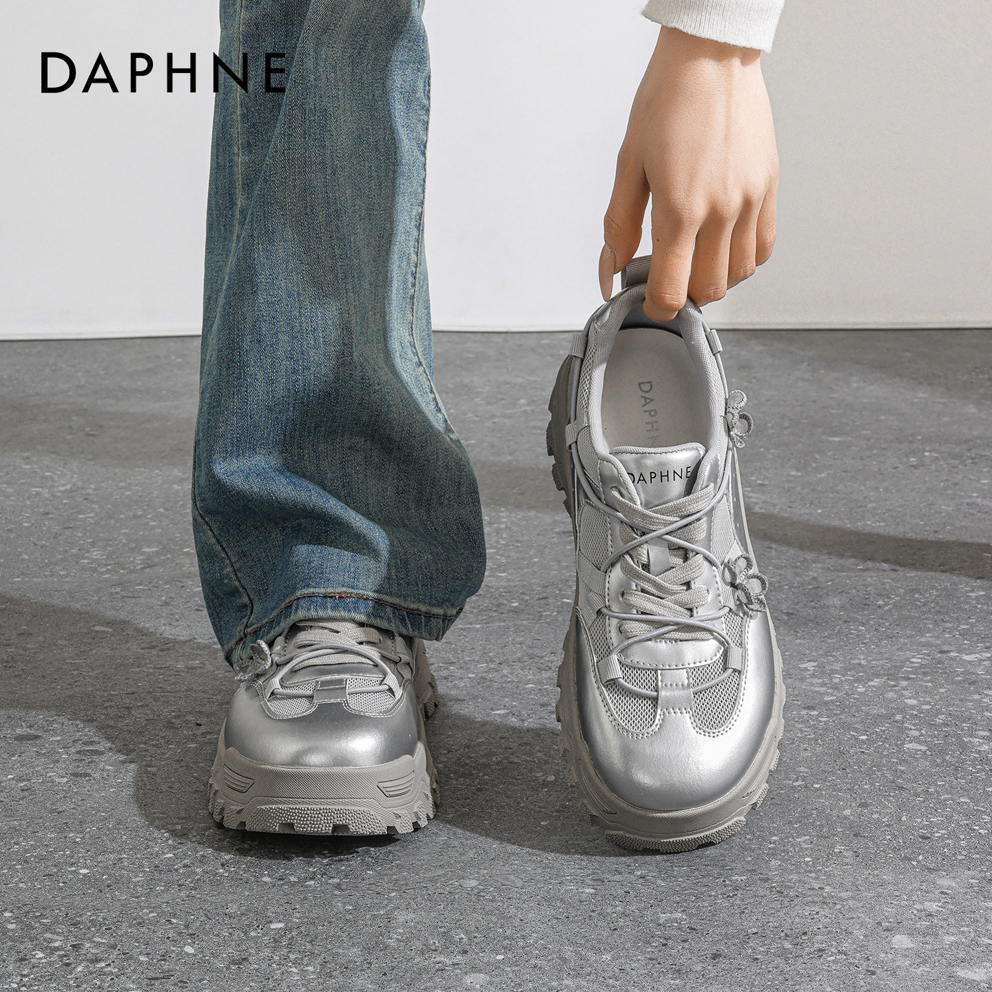 达芙妮银色厚底网状老爹鞋女款2026春季新款不累脚增高运动休闲鞋