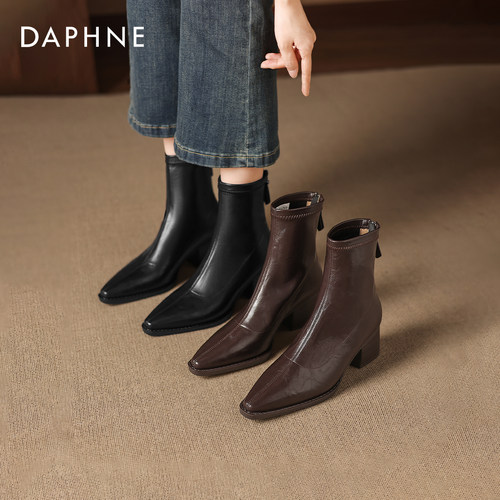 达芙妮高跟短靴女黑色气质尖头