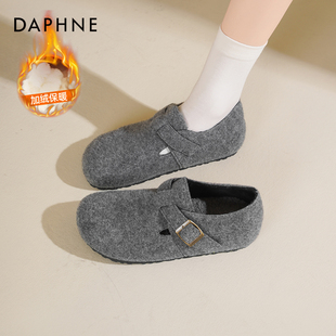 达芙妮毛绒勃肯鞋女2025新款冬季灰色保暖单鞋一脚蹬软底毛毛鞋女