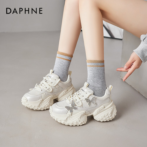 达芙妮蝴蝶老爹鞋女2025夏季新款透气网面小白鞋厚底增高运动鞋子