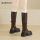 达芙妮厚底长筒靴女2025新款 秋冬复古皮带扣机车靴高筒显瘦骑士靴