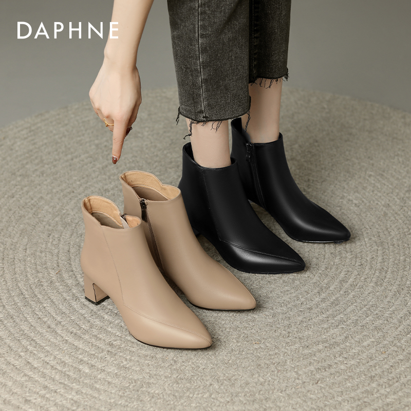 达芙妮真皮时装靴高跟气质妈妈鞋