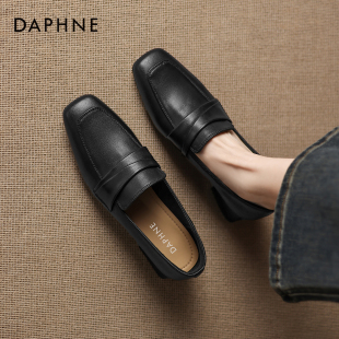 英伦通勤单鞋 达芙妮真皮乐福鞋 方头粗跟黑色小皮鞋 秋季 女2025新款