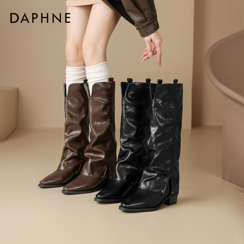 达芙妮长筒靴女棕色堆堆靴