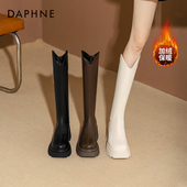 达芙妮v口长筒靴女厚底2025爆款 冬加绒骑士瘦瘦靴白色高筒靴子女
