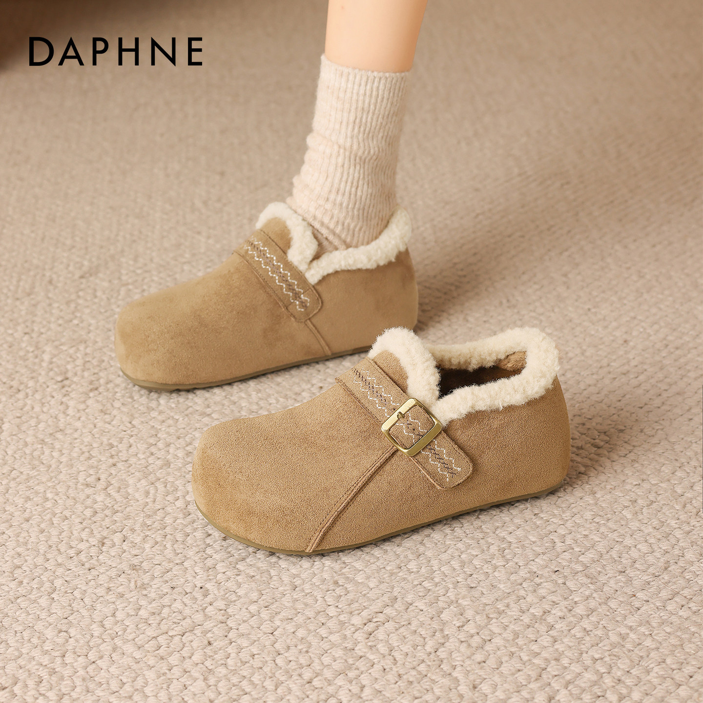 达芙妮勃肯鞋女2025新款冬季加绒全包厚底雪地靴保暖孕妇毛毛鞋子