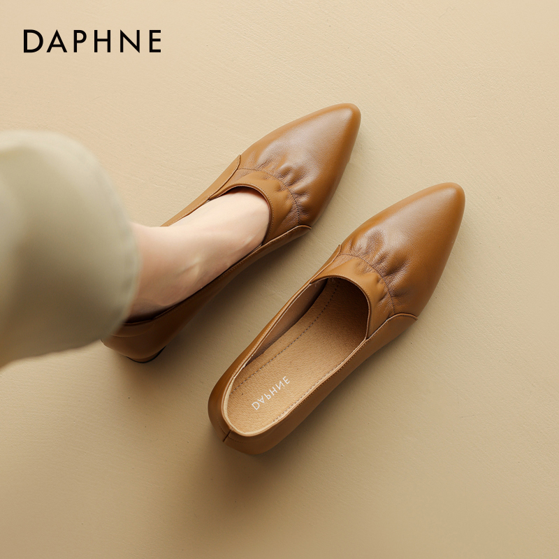 达芙妮真皮单鞋粗跟一脚蹬小皮鞋