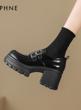 达芙妮厚底增高乐福鞋女2025新款英伦风高跟鞋冬季粗跟黑色小皮鞋