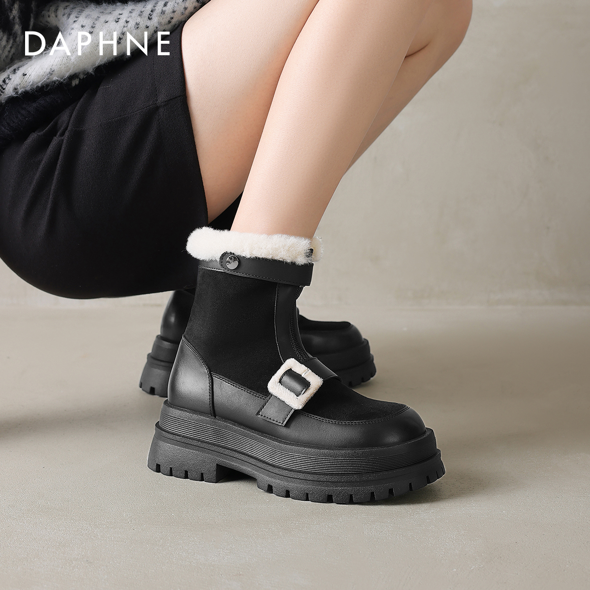 厚底棉鞋，秋冬甜酷风金属扣饰靴