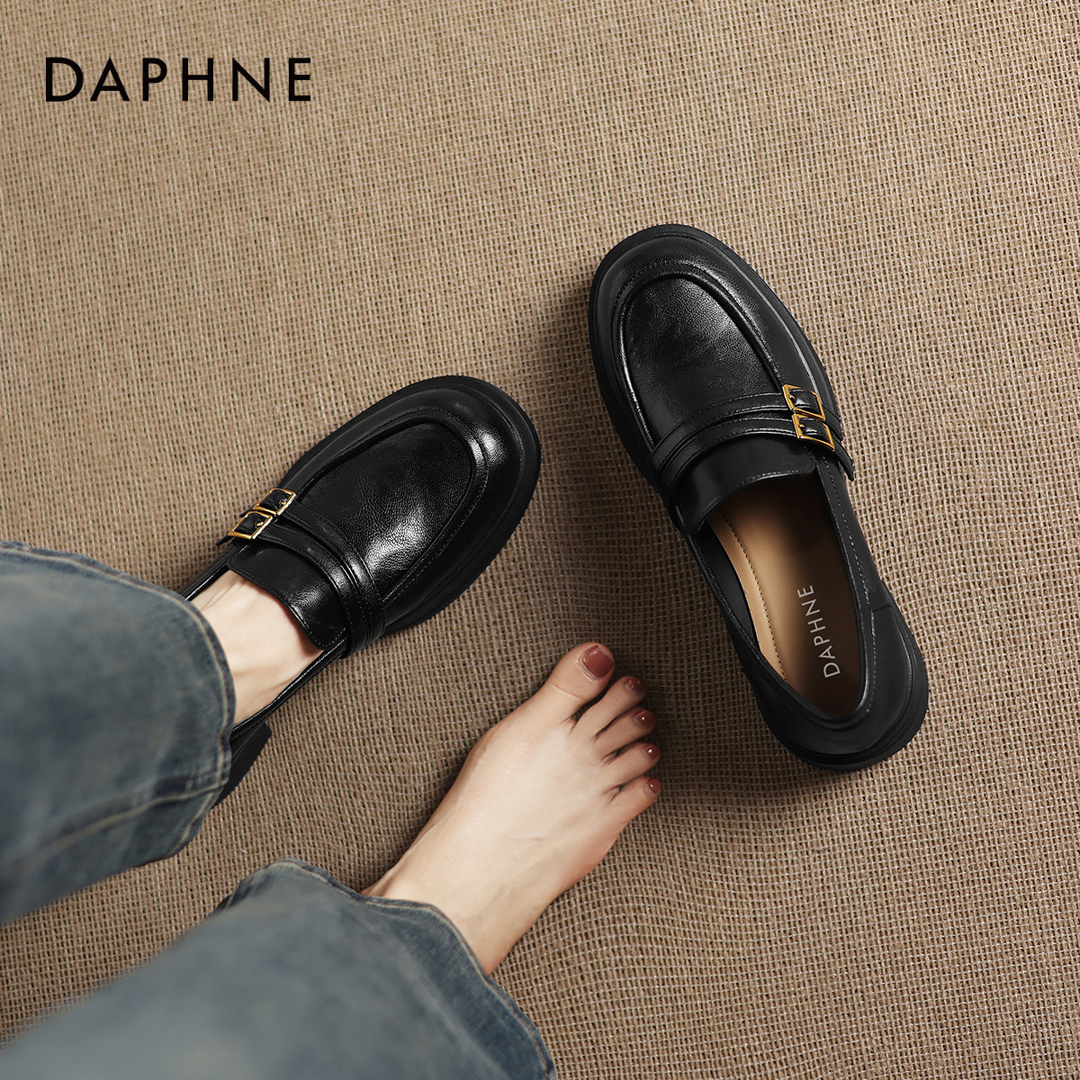 达芙妮英伦风乐福鞋女2026春季新款复古一脚蹬皮鞋粗跟圆头jk单