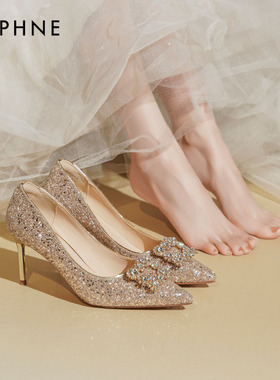 达芙妮高跟鞋女2025新款气质水钻婚鞋新娘鞋秀禾婚纱两穿浅口单鞋