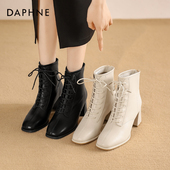 达芙妮马丁靴女2025秋冬靴子女大码 系带厚底中筒靴高跟洋气小短靴
