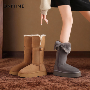 达芙妮灰色高筒雪地靴女冬季加绒加厚两穿翻毛边长筒靴东北大棉鞋