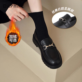 女英伦风加绒小皮鞋 黑色鞋 子女2025新款 达芙妮乐福鞋 秋冬通勤单鞋