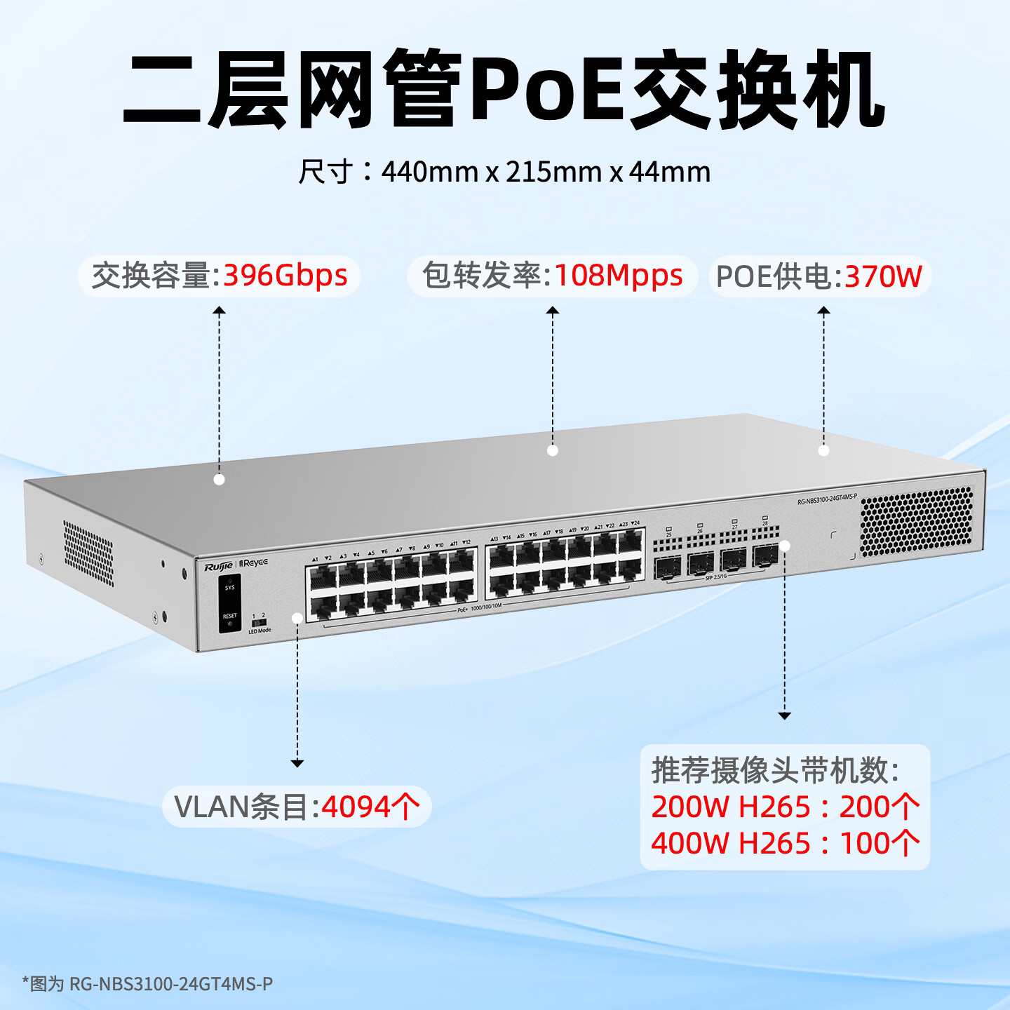 Ruijie锐捷睿易POE交换机RG-NBS3100-24GT4MS-P 二层网管型 24口POE供电千兆电口4口2.5G光口 网络端口聚合