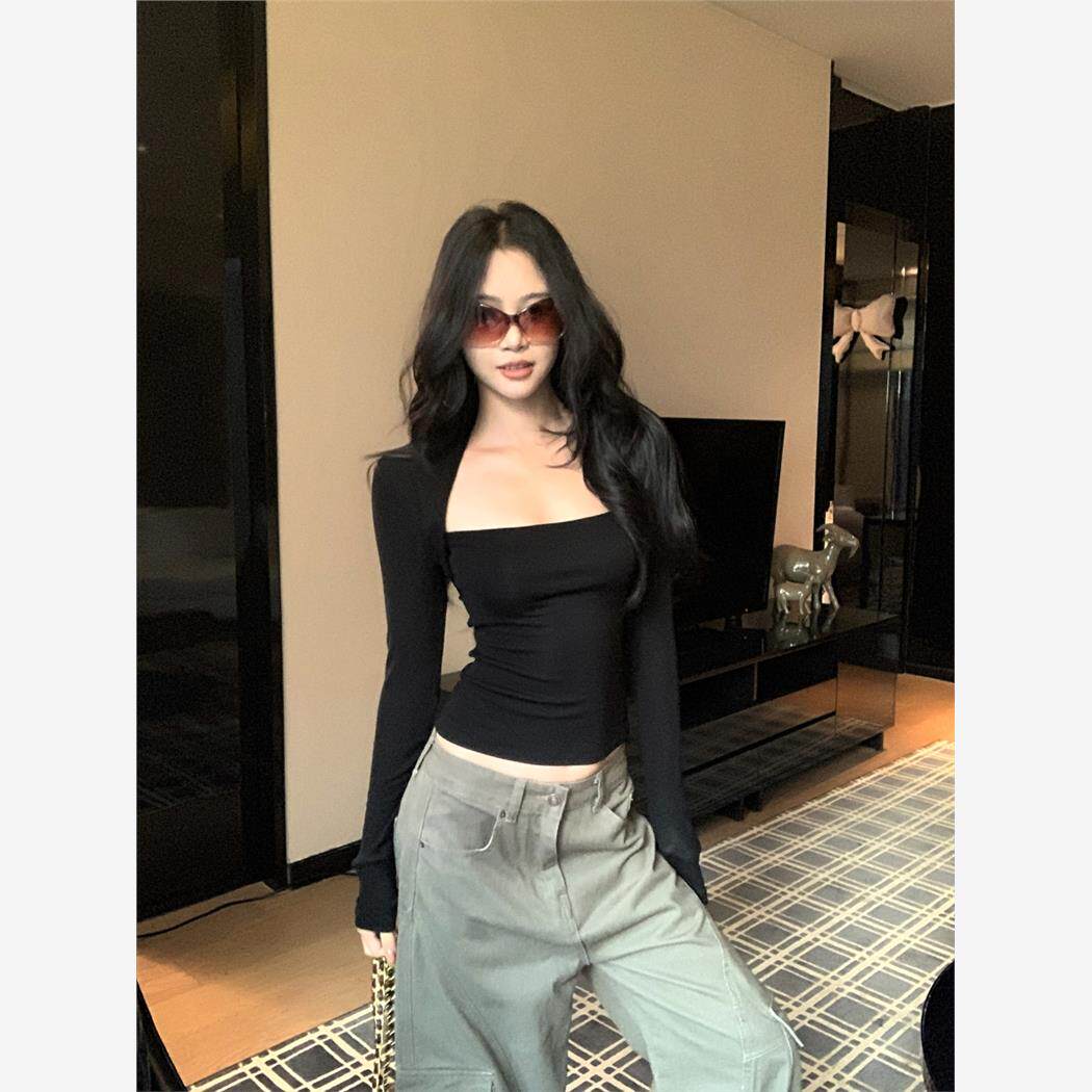 纯欲辣妹修身显瘦弹力上衣女春秋新款小众短款t恤方领设计感长袖